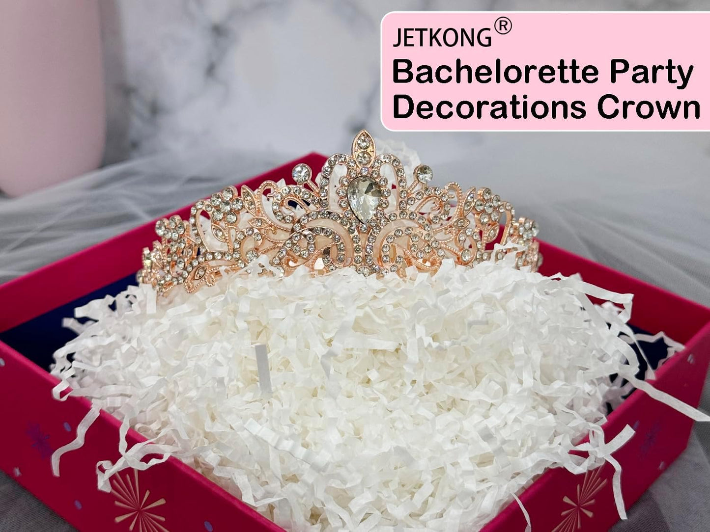 3 Packs Bachelorette Party Decorations Kit, Bridal Shower Crown/Tiara, Bride to Be Sash&Veil for Women Bachelorette Party Gifts, Bridal Shower Party Supplies (Rose Gold)