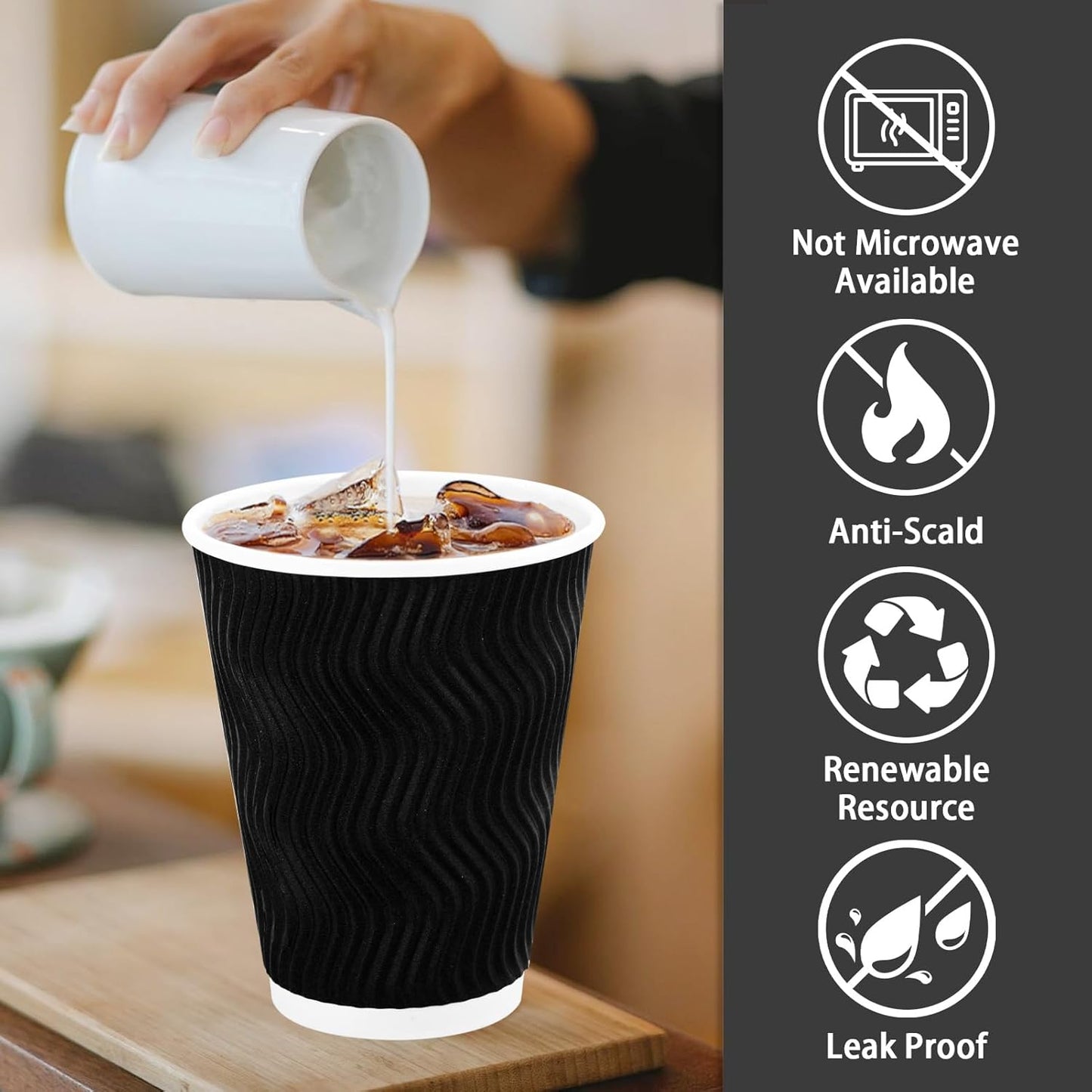 Lamosi Disposable Coffee Cups 12 oz 100 Pack, Paper Coffee Cups 12 oz for Hot Drinks or Cold Beverages, Insulated Corrugated Ripple Wall Cup for Office, Cafe, Home or Travel (Black)