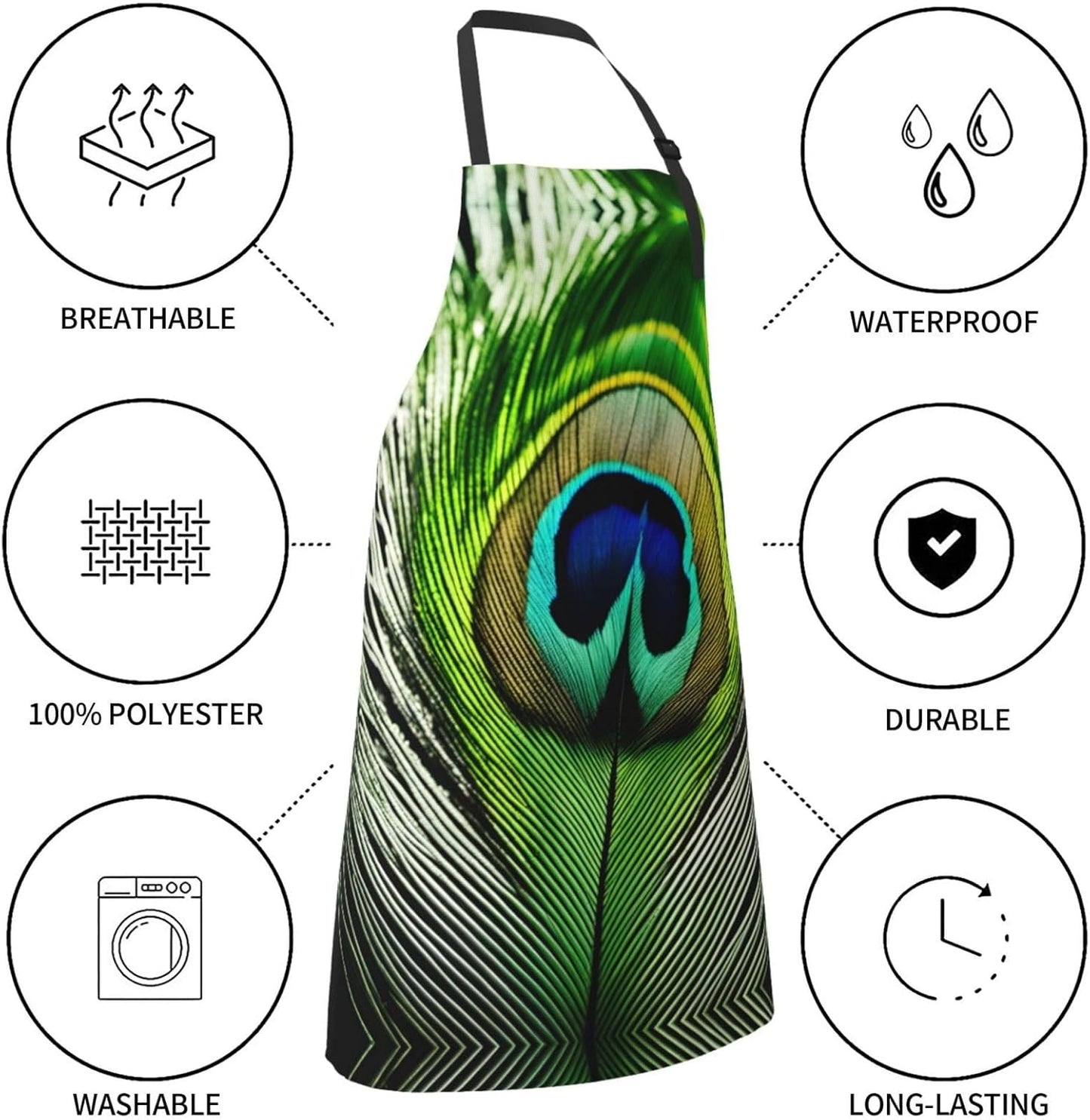Green Peacock Feather print Waterproof chef's apron with pocket apron for kitchen cooking baking barbecue and gardening