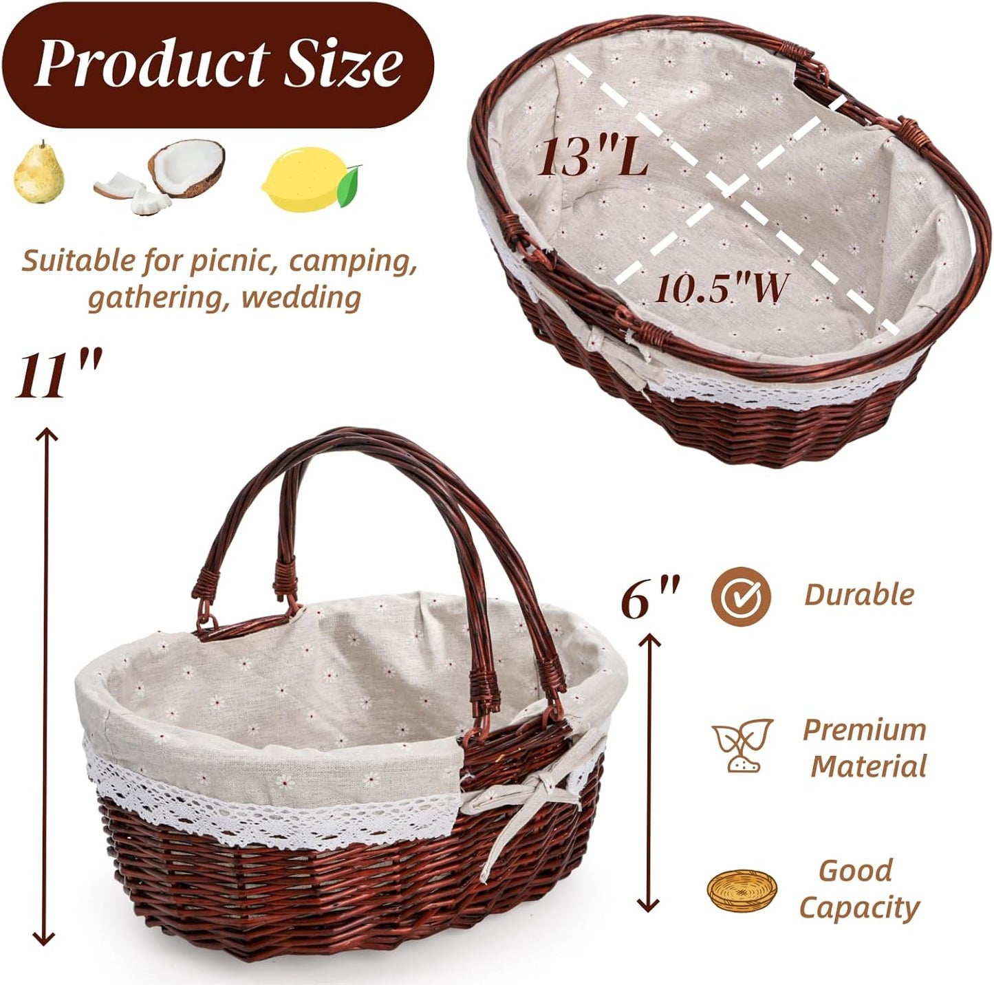 Dicunoy Wicker Picnic Basket with Handle, Large Empty Gift Basket to fill, Open Top Market Harvest Baskets for Garden, Fruit, Candy, Wine, Egg Gathering, Wedding, Vegetables