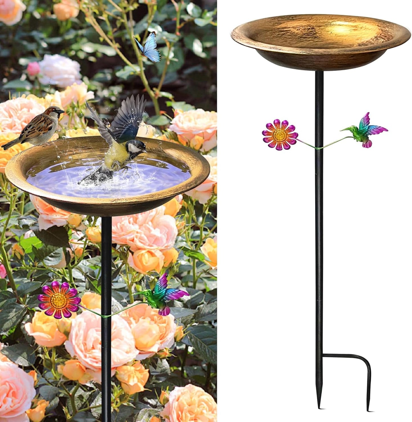 Bird Bath for Outdoors,Metal Freestanding Garden Bird Feeder with Decorative Hummingbird & Flower Accent,Vintage Antique Bronze Bowl for Yard,Lawn & Patio Decor(31.5 Inch H-Stake)