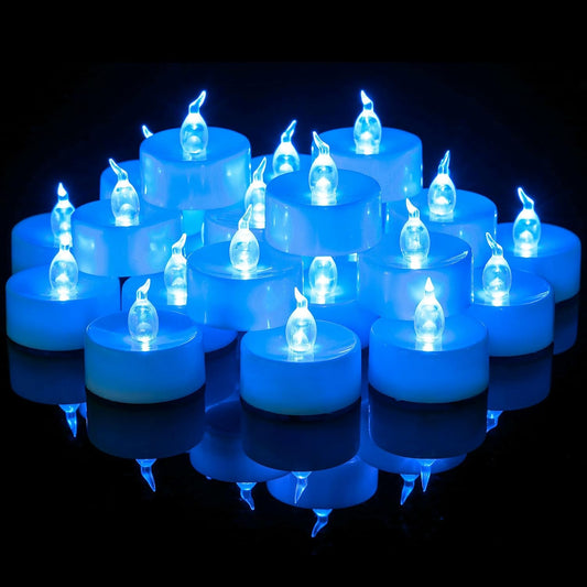 36 Pack Blue LED Tea Light Battery Operated, Flameless Blue Flickering Votive Tealight, Electric LED Fake Candle Bulk for Wedding, Party, Christmas, Halloween Pumpkin Lights Decorations