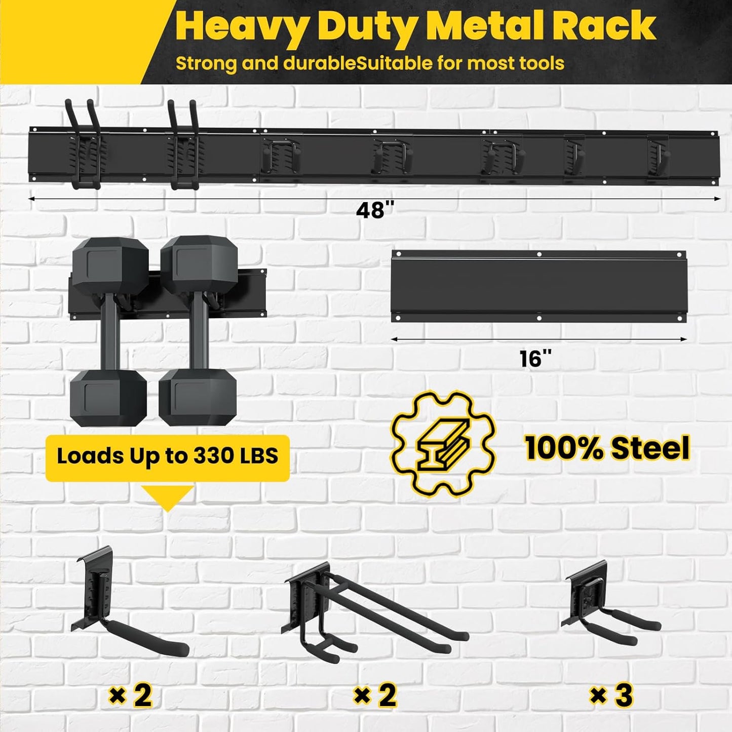 Garage Wall Organizers, 48'' Yard Tool Organizer Wall Mount with 7 Storage Hooks, Sturdy Easy Assembly Heavy Duty Garage Organization, Garden Lawn Tool Organizer for Tools, Skis, Ladders