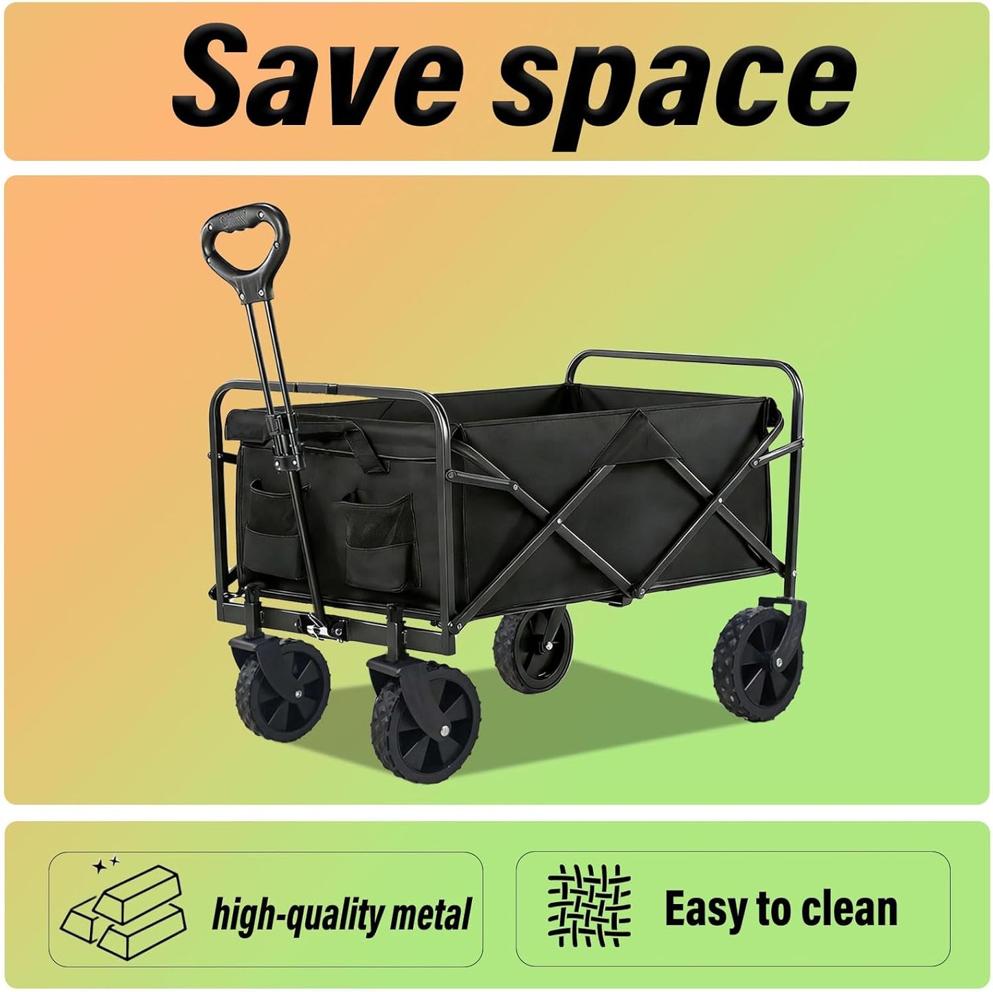 Collapsible Wagon Cart,Large Capacity Foldable Wagon,Cup Holders,with 360° Swivel Wheels, for Camping, Garden, Shopping, Beach
