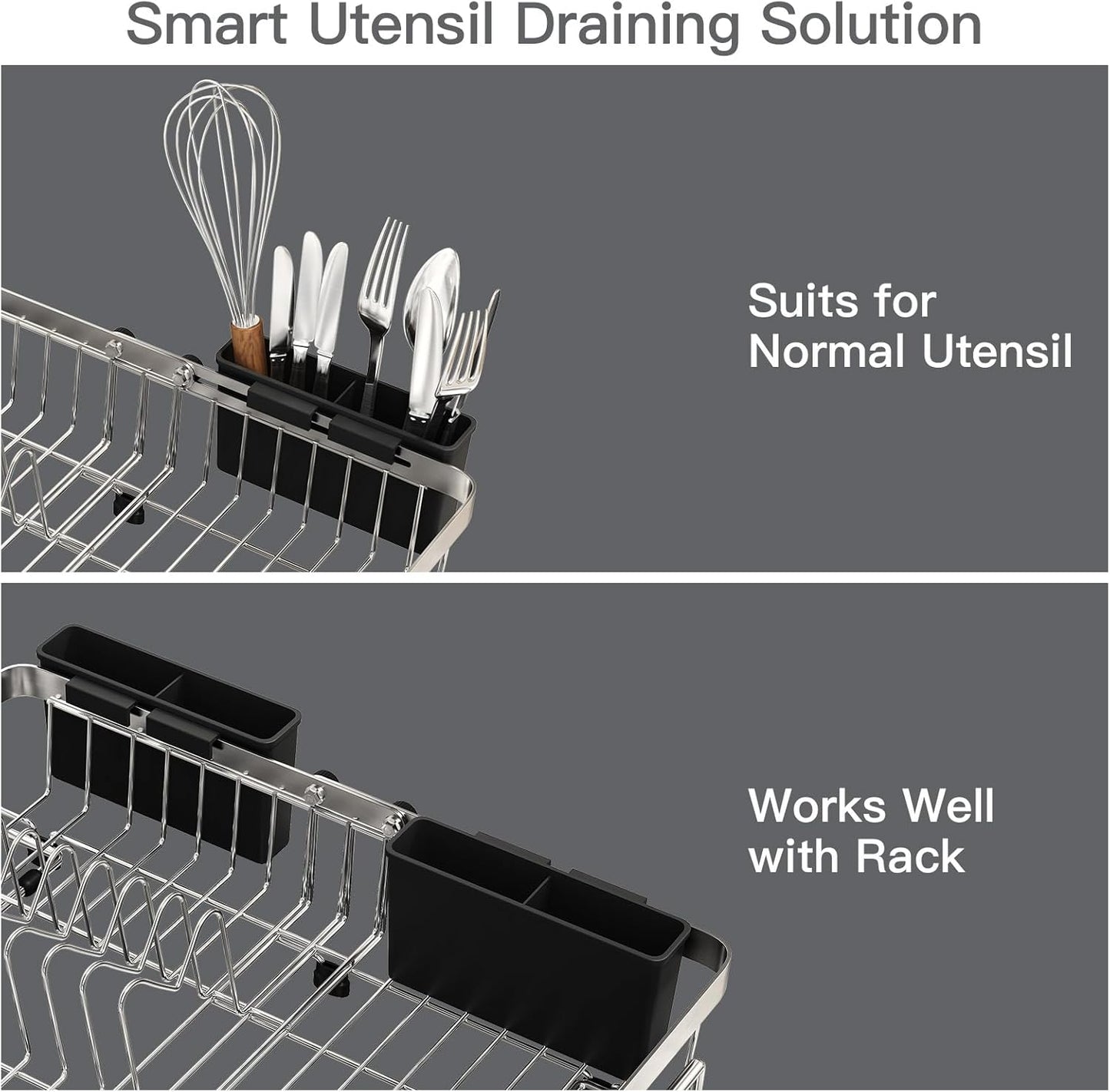 MAJALiS Expandable Stainless Steel Over The Sink Dish Drying Rack for Small Kitchen, Counter Space Saving, Hanging Compact RV Plate Drain Strainer in Silver Wire Metal with Adjustable Utensil Holder