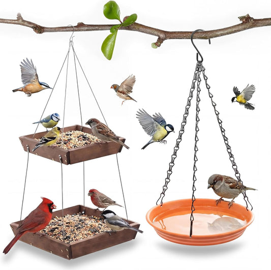 2 Tier Large Platform Cedar Bird Feeders with Round Hanging Birds Watering Tray, Bird Bath, Wooden Mesh Seed Tray Platform for Outdoors Garden Decor, for Cardinal Blue Jay