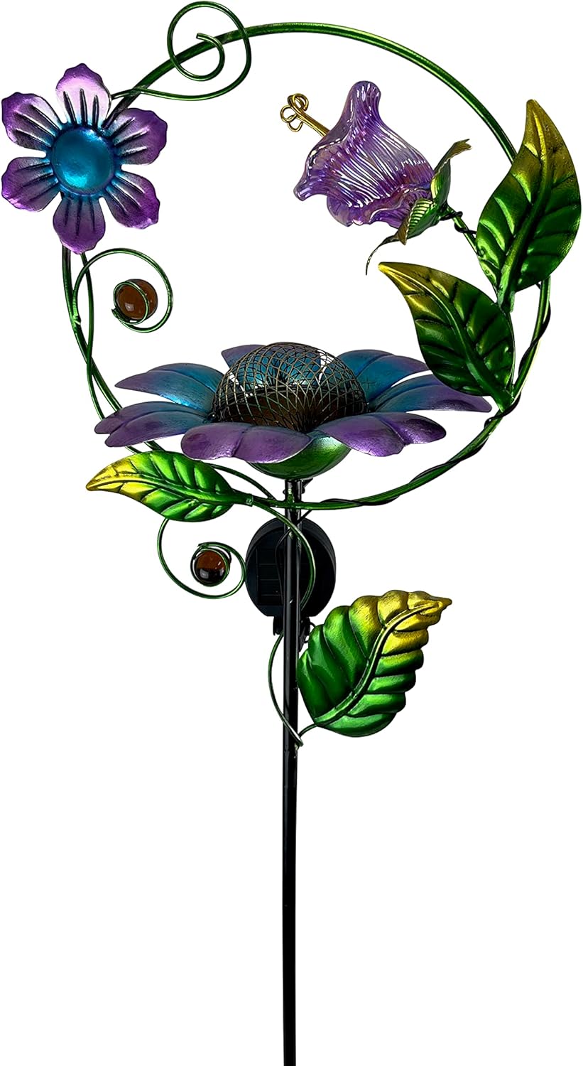 Red Carpet Studios Solar Metal and Glass Garden Art with Bird Feeder Decorative Yard Stake, Purple