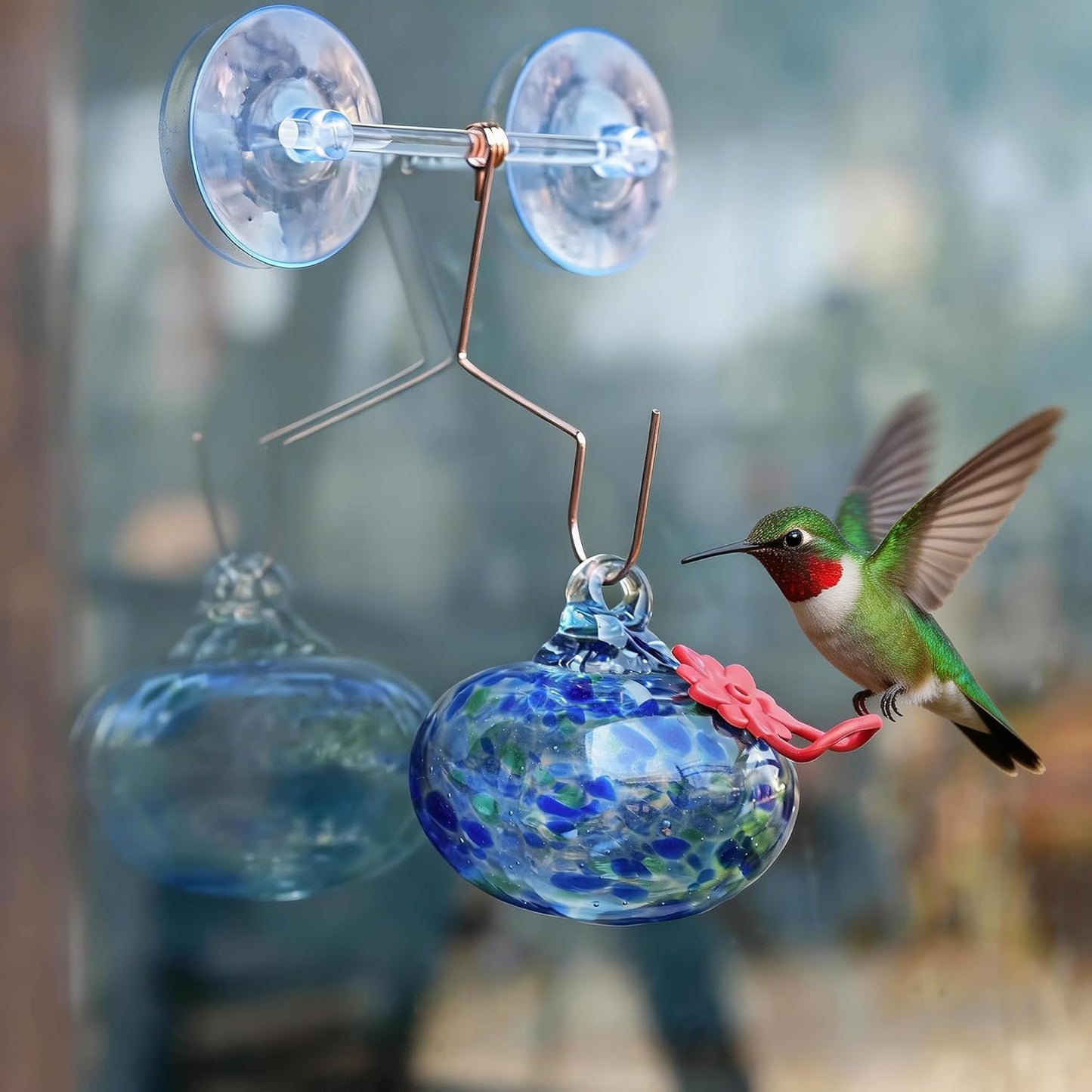 3inch Blown Glass Hummingbird Feeder with Suction Cups for Outdoor Glass Humming Bird Feeders with Hooks Garden Patio Decoration Gifts for Bird Lovers