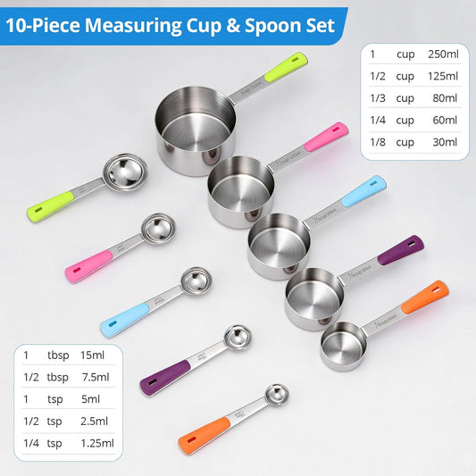 Measuring Cups and Spoons Set Stainless Steel 10 Piece for Cooking and Baking (5 Cups + 5 Spoons, Colorful Handles)