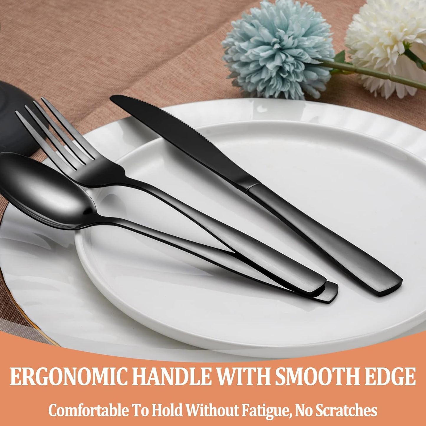 20 Pcs Black Silverware Set, Food-Grade Stainless Steel Flatware Set for 4, Square Cutlery Set, Mirror Polished Tableware Eating Utensils Set for Kitchen, Include Knife Fork Spoon Set,Dishwasher Safe