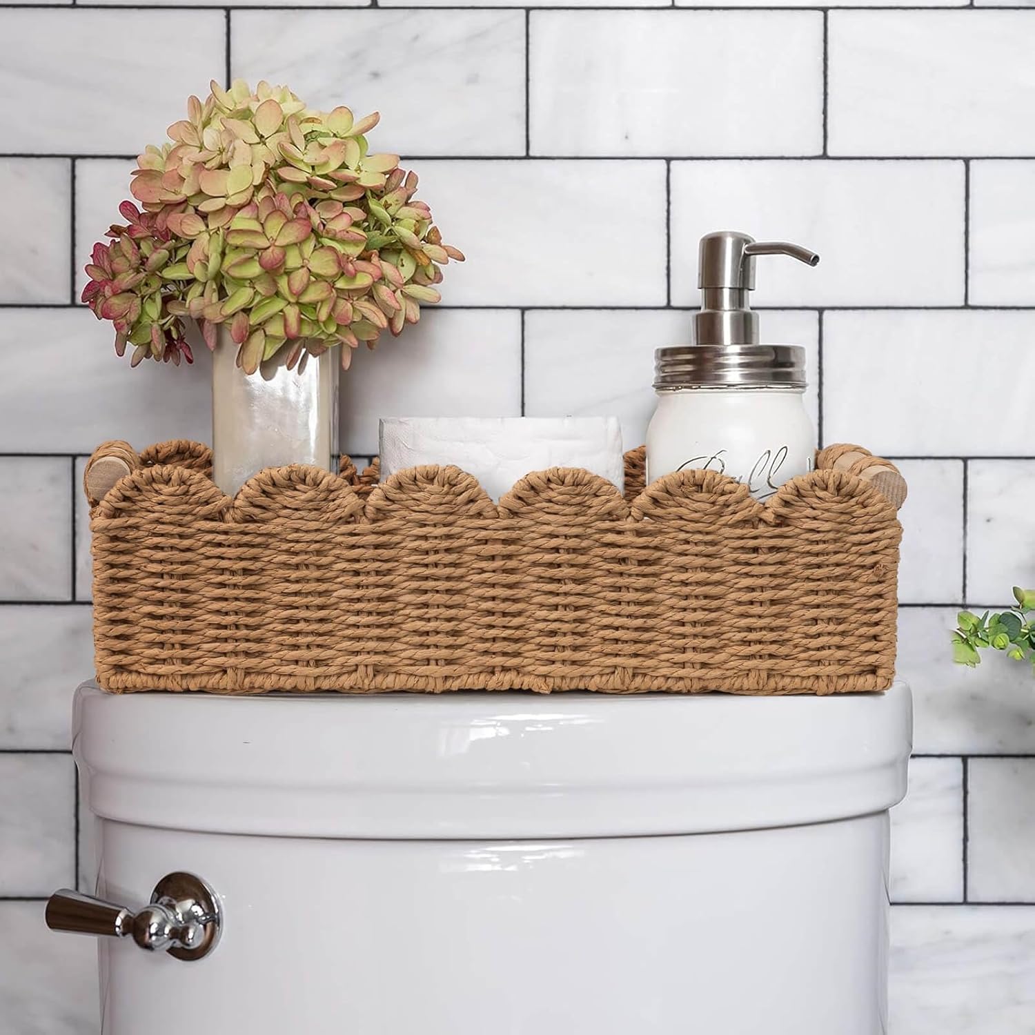 CubesLand Paper Rope Scalloped Edge Toilet Paper Storage Basket, Small