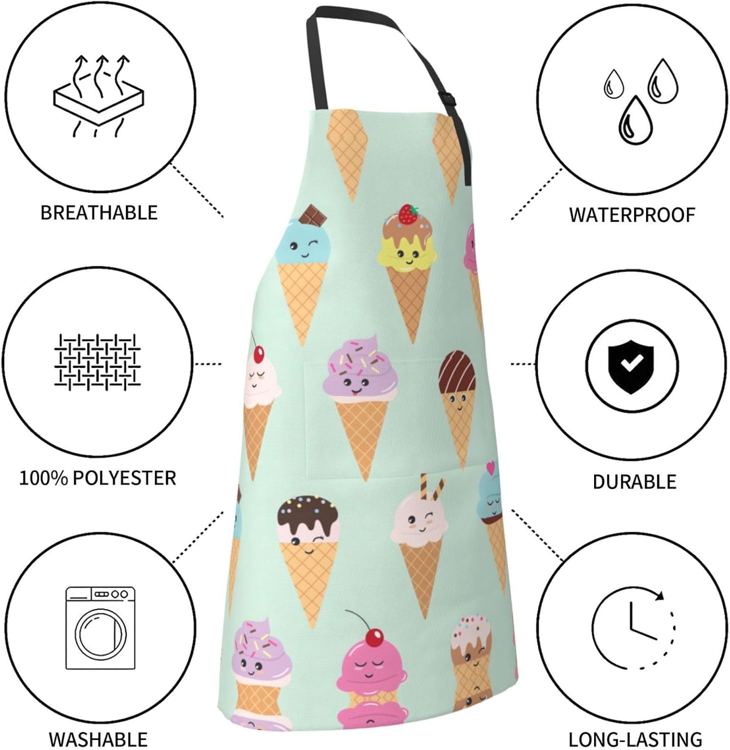 Ice Cream Cones Print 28x33 In Adult Kitchen Apron with Pockets Versatile Chef Smock for Cooking Baking