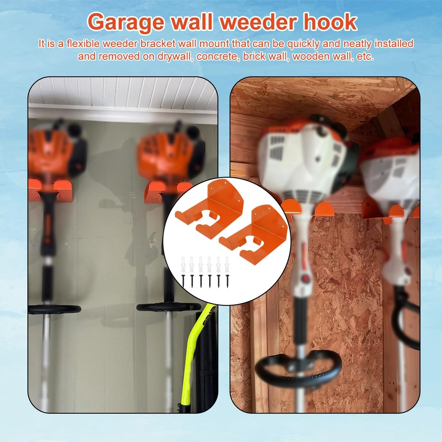2pcs Weed Eater Hanger, Heavy Duty Weedeater Hanger for Garage Wall Storage Weed Wacker Holder Hooks Tool Rack Garden Tool Garage Organizer for Yard Power Tools Grass Trimmer Hedge Trimmer