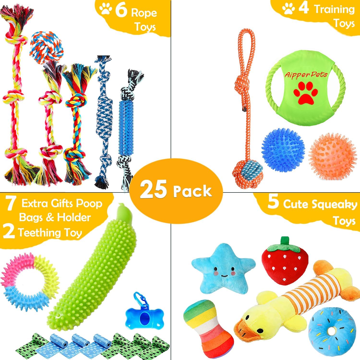 Dog Toys 25 Pack for Fun and Teeth Cleaning, Puppy Chew Toys Pack with