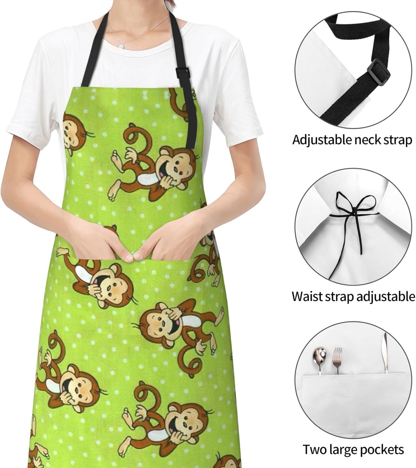 Green Clever Monkey Print Laundry apron 28x33 In Waterproof Kitchen Apron with Pockets for Cooking Baking