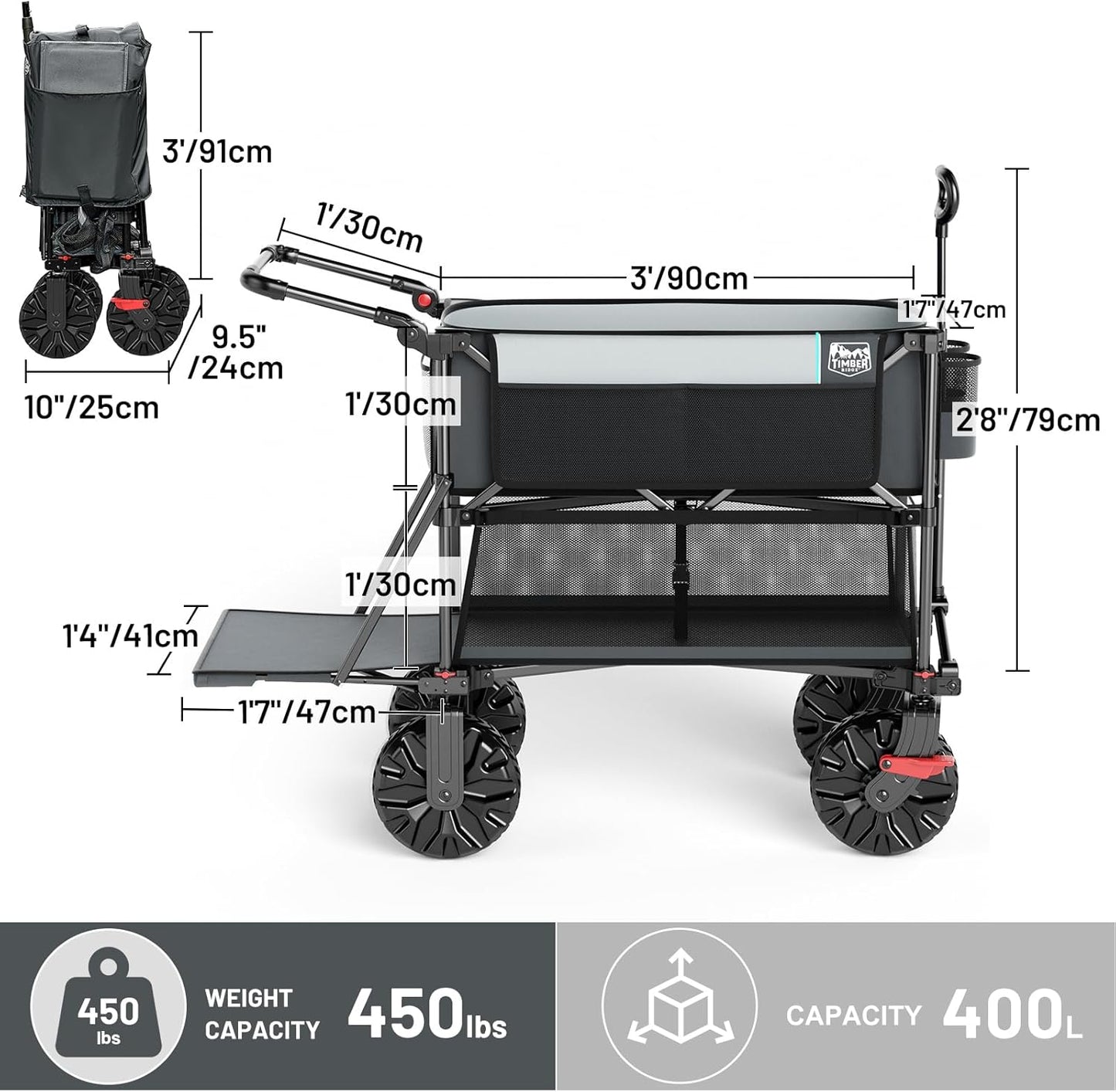 TIMBER RIDGE Push & Pull Double Decker Wagon, 400L Large Capacity Heav