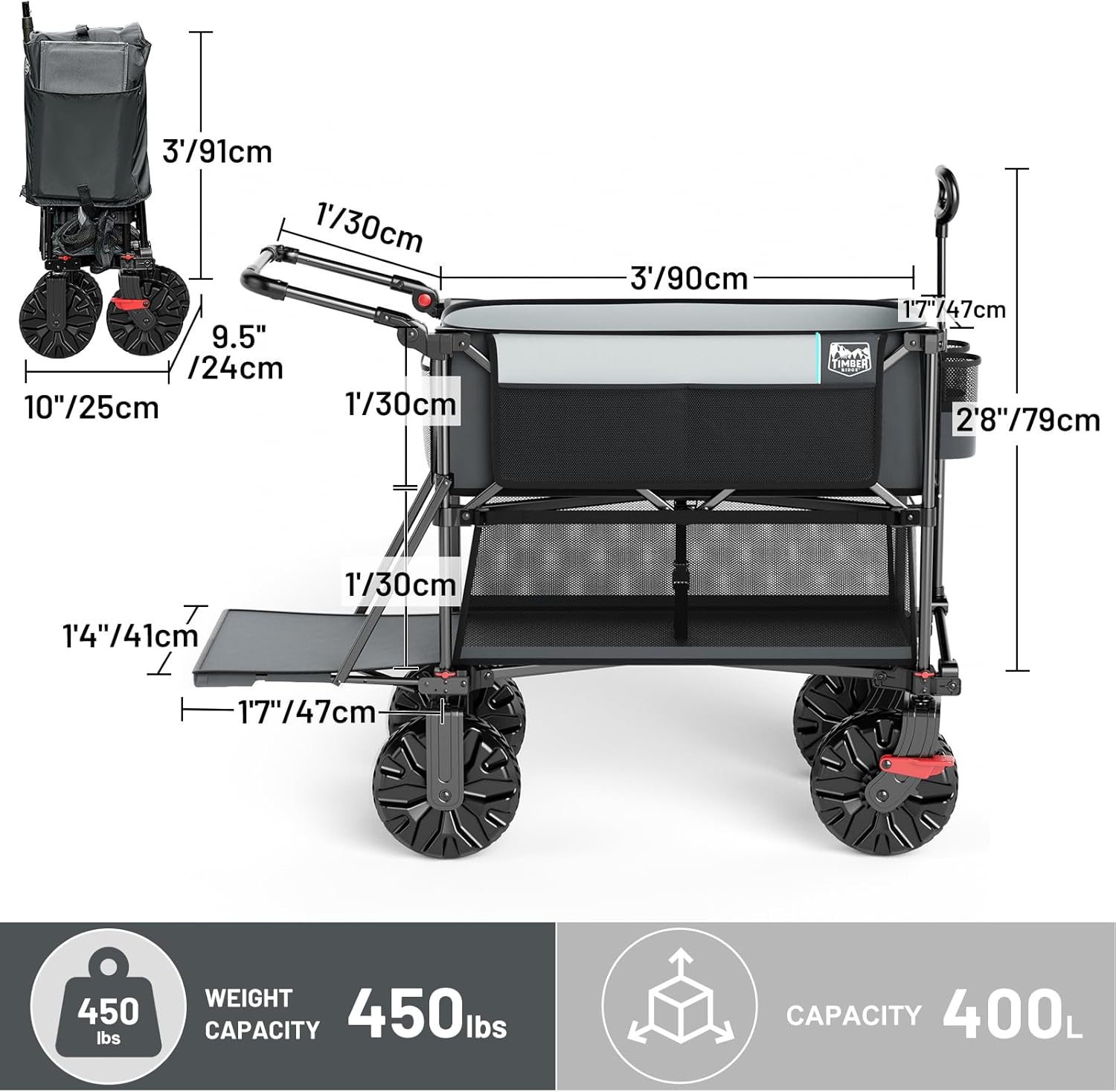 TIMBER RIDGE Push & Pull Double Decker Wagon, 400L Large Capacity Heav