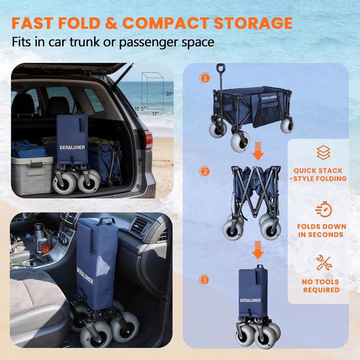 X900 Beach Wagon with 9×4" Big Balloon Wheels for Sand, 48" Heavy Duty Folding Wagon with Expandable Tailgate & Side Bag, Collapsible Utility Cart for Beach, Camping, Fishing (Navy Blue)