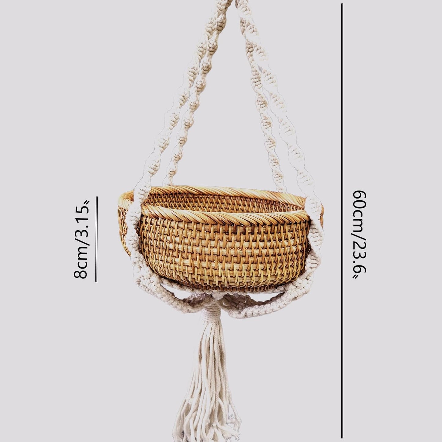Boho Hanging Rattan Basket - 8.7” Woven Plant Hanger for Dried Flowers & Greenery - Decorative Macrame Wall Basket for Indoor Home Decor - Handmade Wicker Storage for Farmhouse, Living Room