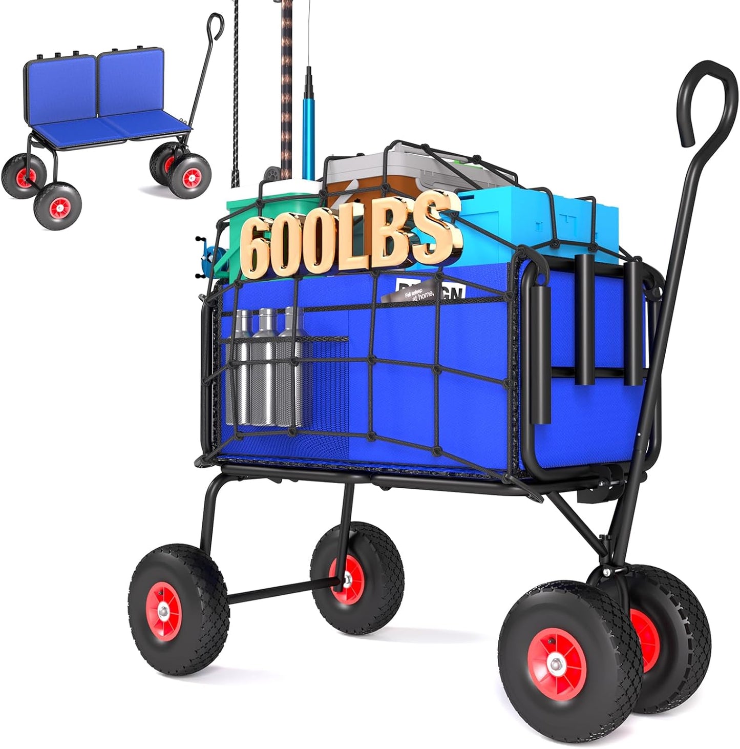 3 in 1 Beach Fishing Cart, Heavy Duty Garden Carts w/All Terrain Inflatable Tires, Folding Wagon Cart, Convert to Chair or Bench with Cushion, Rod Holders and Durable Oxford Bag