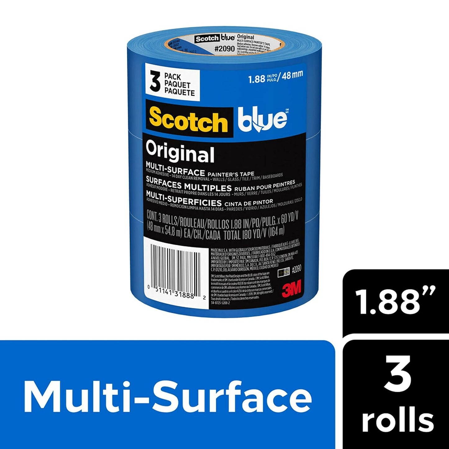 ScotchBlue Original Multi-Surface Painters Tape, 2 Inch Wide (1.88 In. x 60 Yds), 3 Rolls, Blue Paint Tape Protects Surfaces and Removes Easily, Masking Tapes for Indoor and Outdoor Use (2090-48EP3)