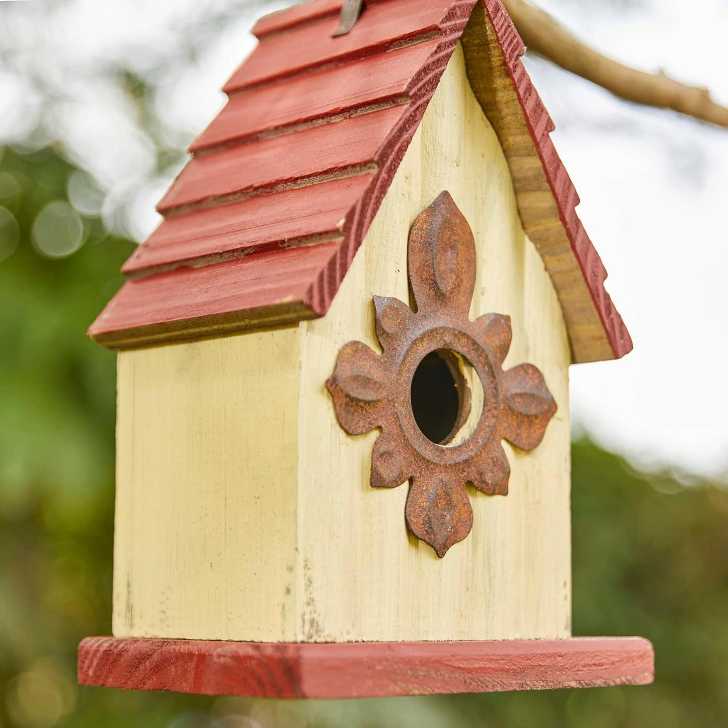 Glitzhome Hanging Bird House for Outdoors, 9" H Hand Painted Wooden Cottage Blue Bird House Garden Birdhouse for Outside for Hummingbird Wren Finch Cardinals Cedar