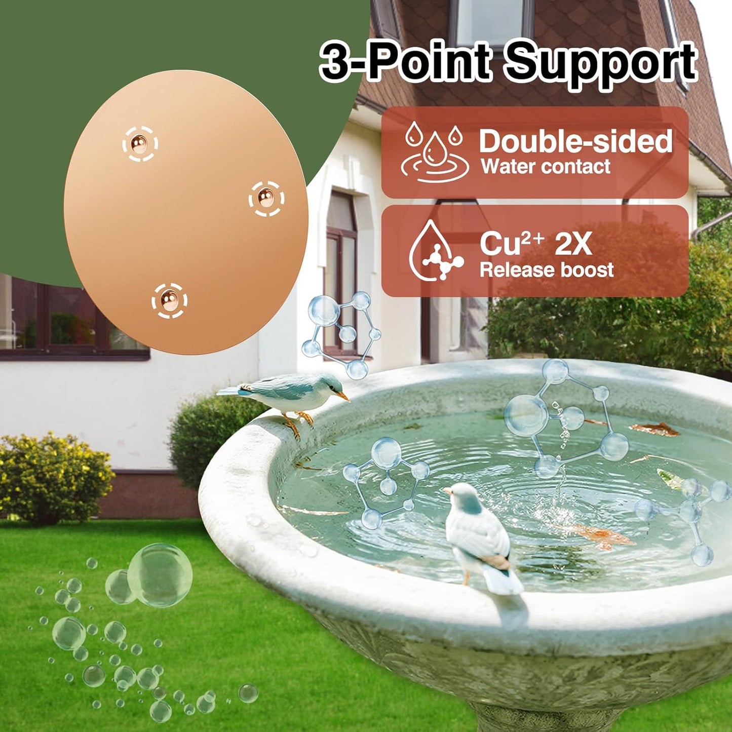 Bird Bath Copper Disc- Reinforced 99.99% Pure Copper Bird Bath Purification Basin with Three-Point Support Providing Physically Safe Clean Water Suitable for Outdoor Bird Baths