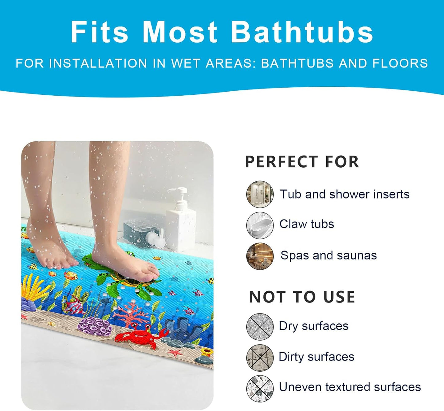 XIYUNTE Baby Bath Mat for Tub Non Slip Kids Bath Mat - 40''x16'' Extra Long Cartoon Bathtub Mat Non Slip Kids Shower Mat Eco-Friendly Toddler Bath Mats with Suction Cups, Machine Washable, Sea Turtle