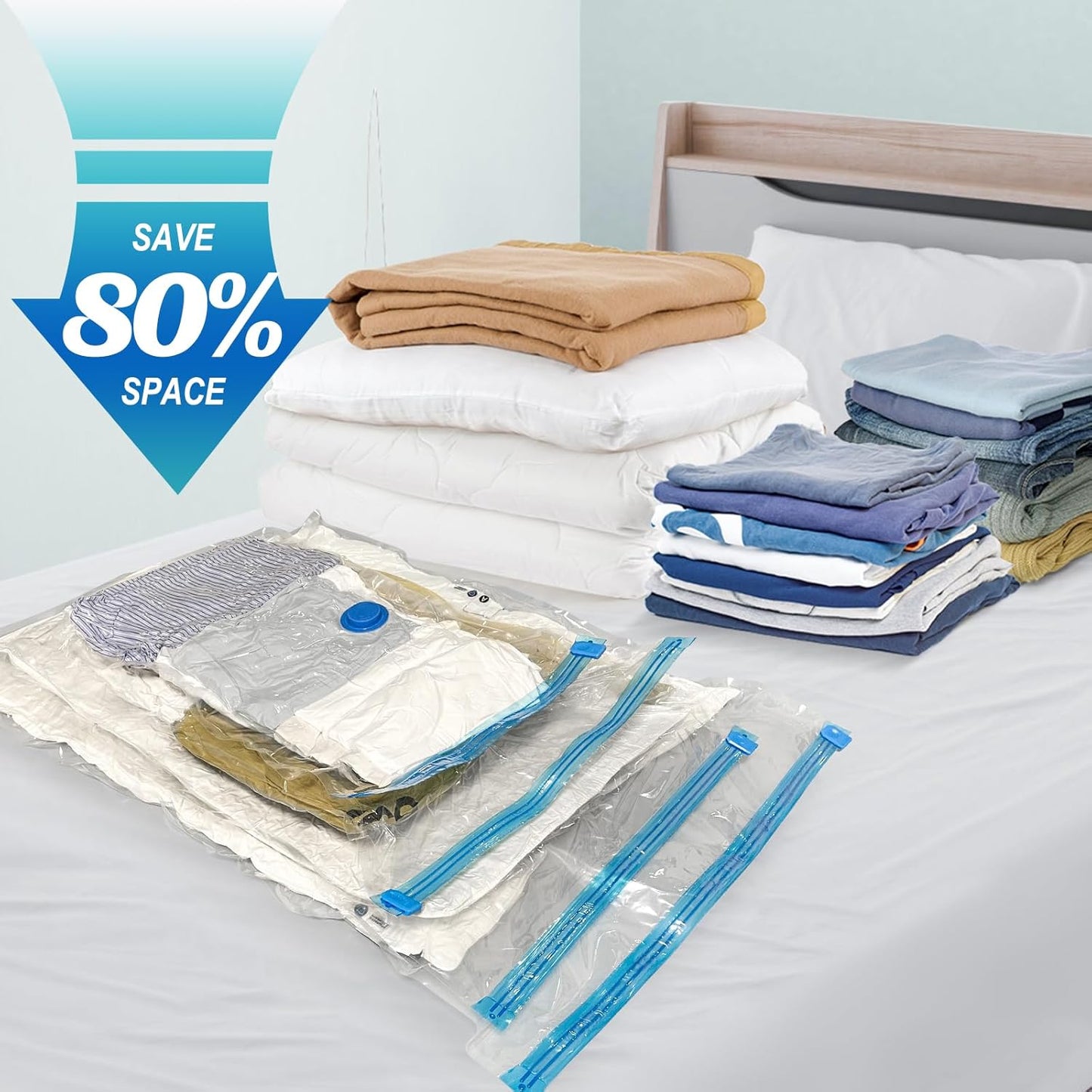 Vacuum Storage Bags with Hand Pump, Plastic Packaging Bags, 80% Space Saver Vacuum Seal Bags for Clothing, Travel Lugggage, Blankets, Comforters, 20 Combo