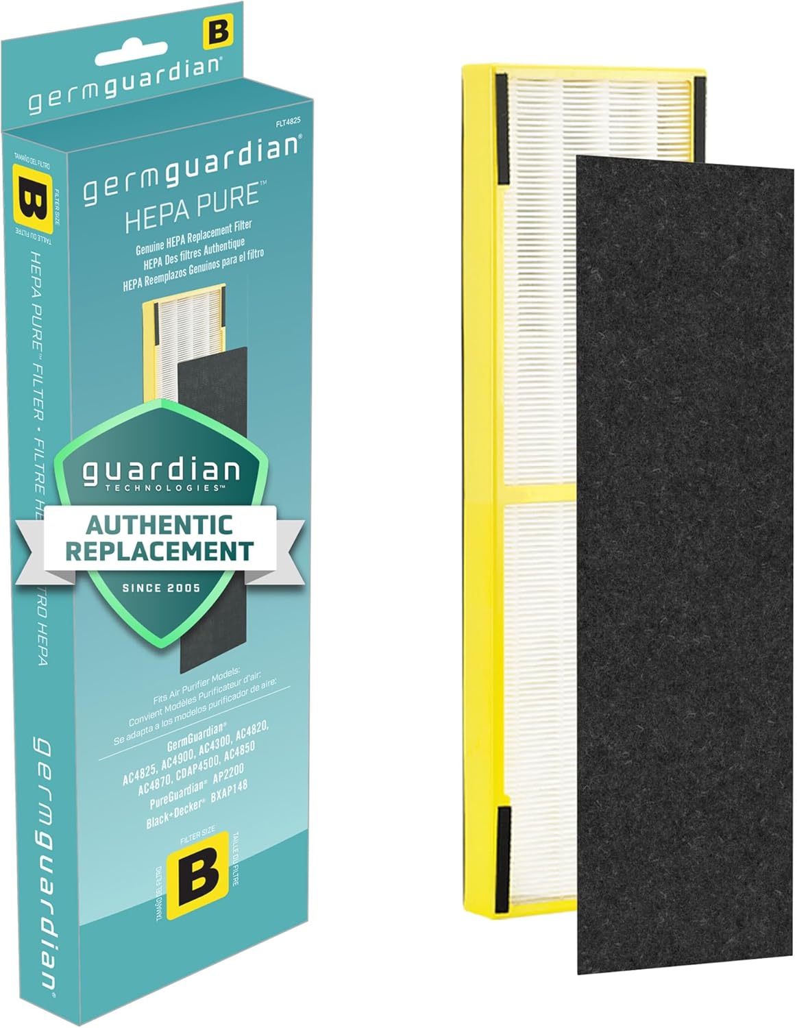 GermGuardian Filter B HEPA Pure Genuine Air Purifier Filter, Removes 99.97% of Pollutants, Wildfire Smoke, Odors, for AC4825, AC4300, AC4850, AC4880, AC4900, CDAP4500, AP2200, Black/Yellow, FLT4825