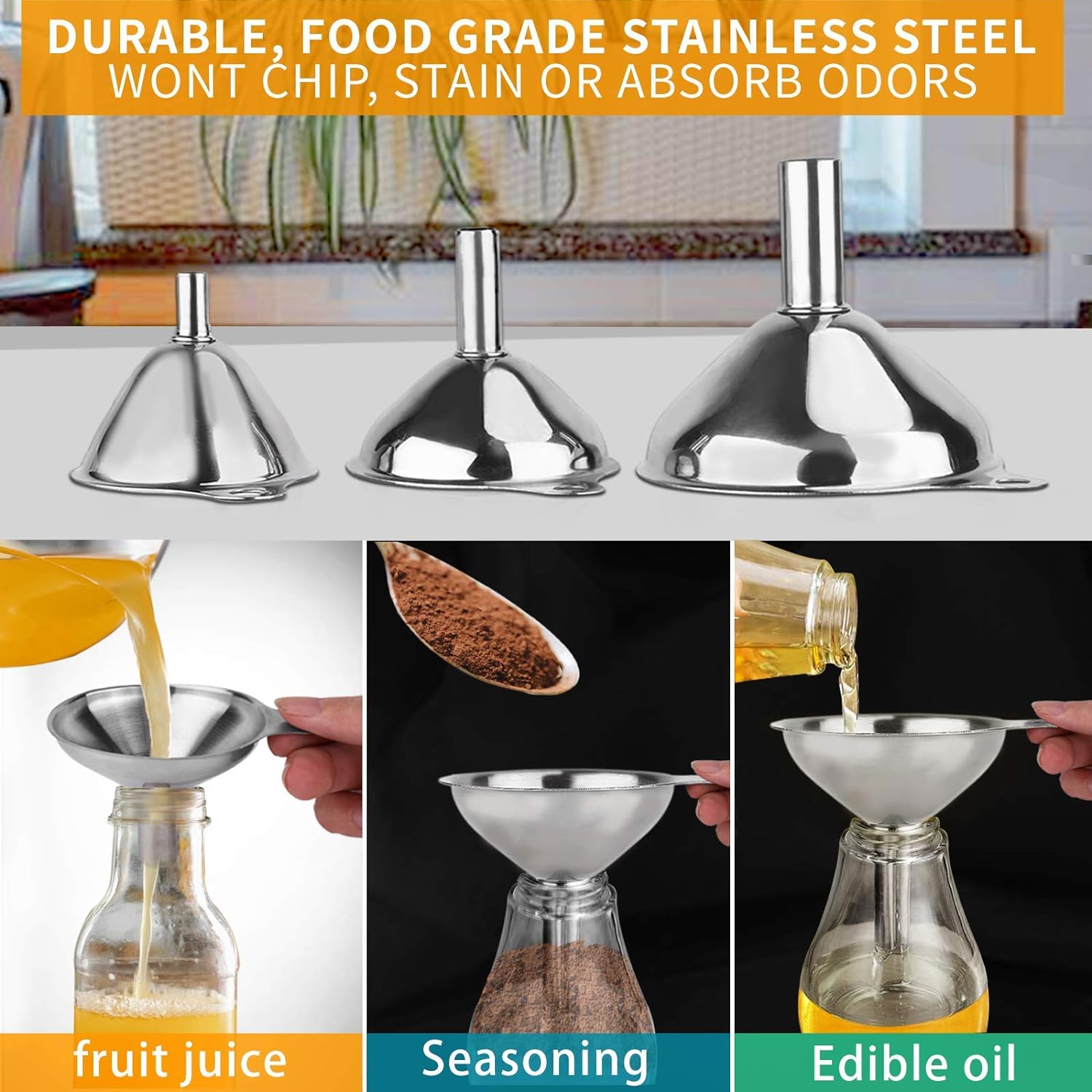 Metal Stainless Steel Funnel, Large Medium Small Funnel Set of 3, Food