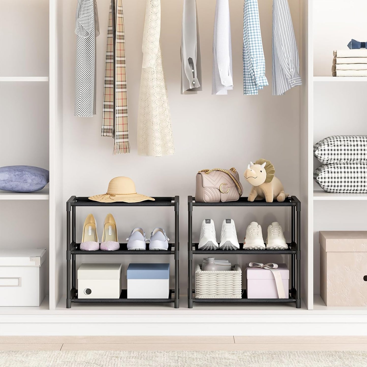 3 Tier Extra Small Shoe Rack (16.3" Wide), Narrow Stackable Shoe Shelf