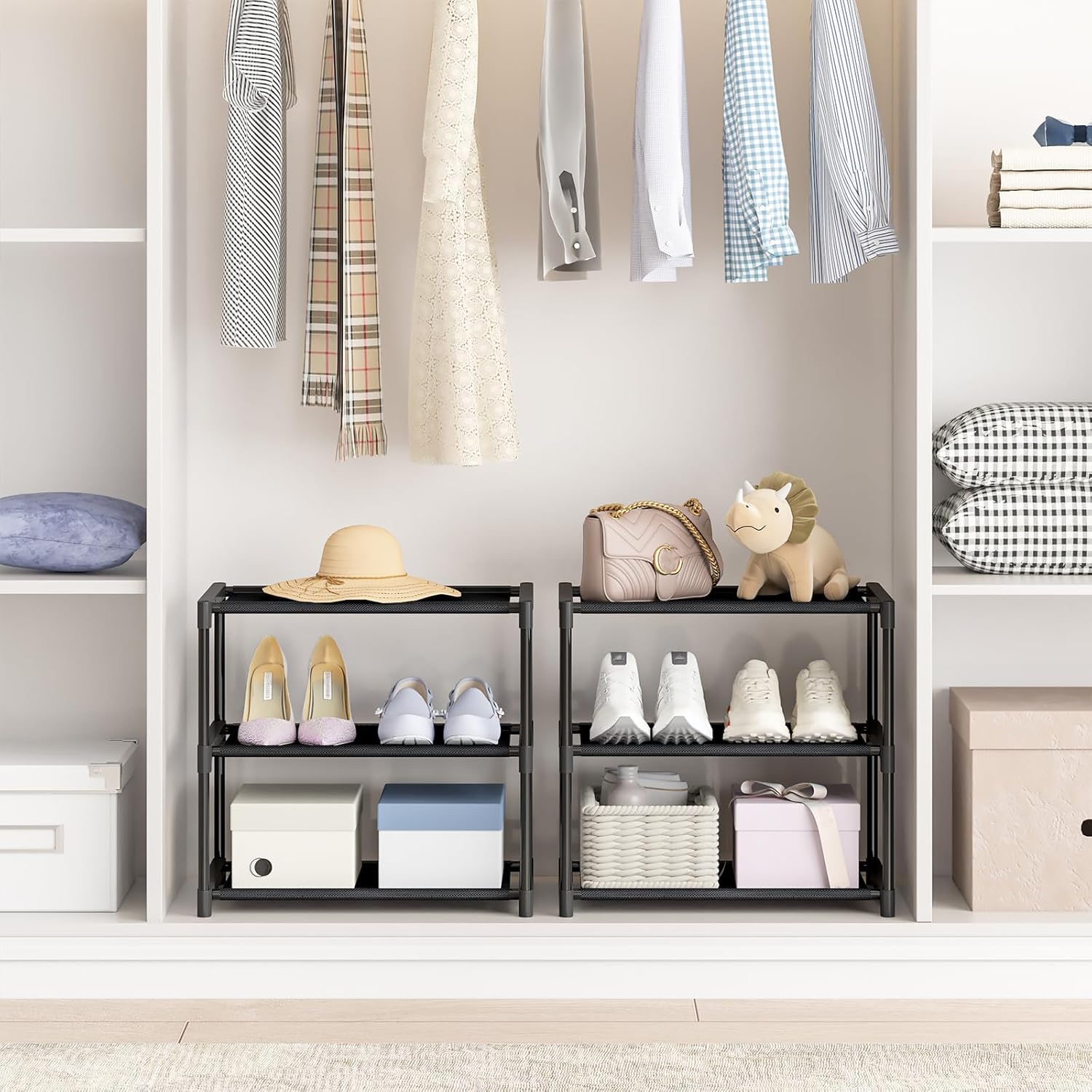 3 Tier Extra Small Shoe Rack (16.3" Wide), Narrow Stackable Shoe Shelf