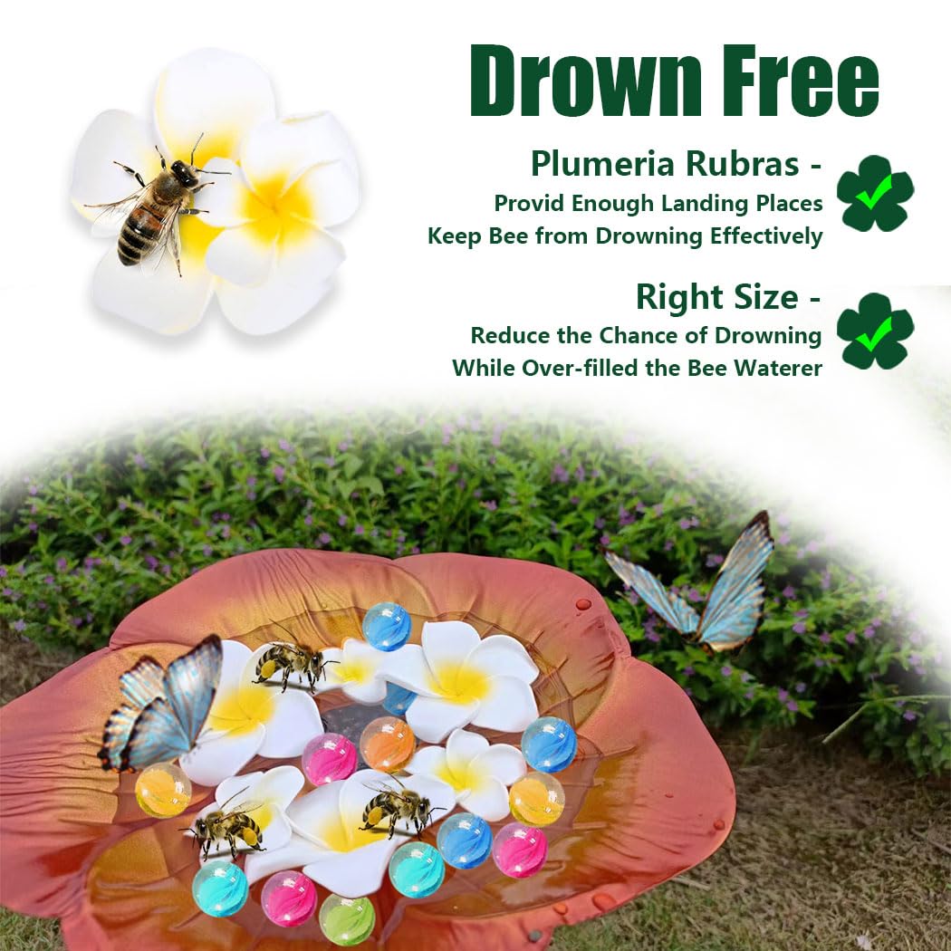 Bee Watering Station - Metal Waterer with 99.9% Pure Copper Line Keep Water Fresh/Plumeria Rubras & Colorful Marbles to Attract Bees/Butterflies/Hummingbirds, Nice Plant Shade Garden Decor Gift