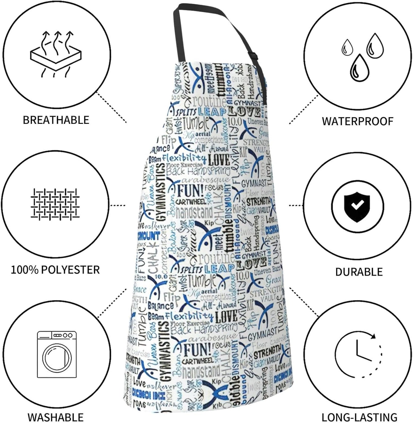 Gymnastics Blue print Waterproof apron with pocket adjustable cooking apron for adult kitchen bibs to bake