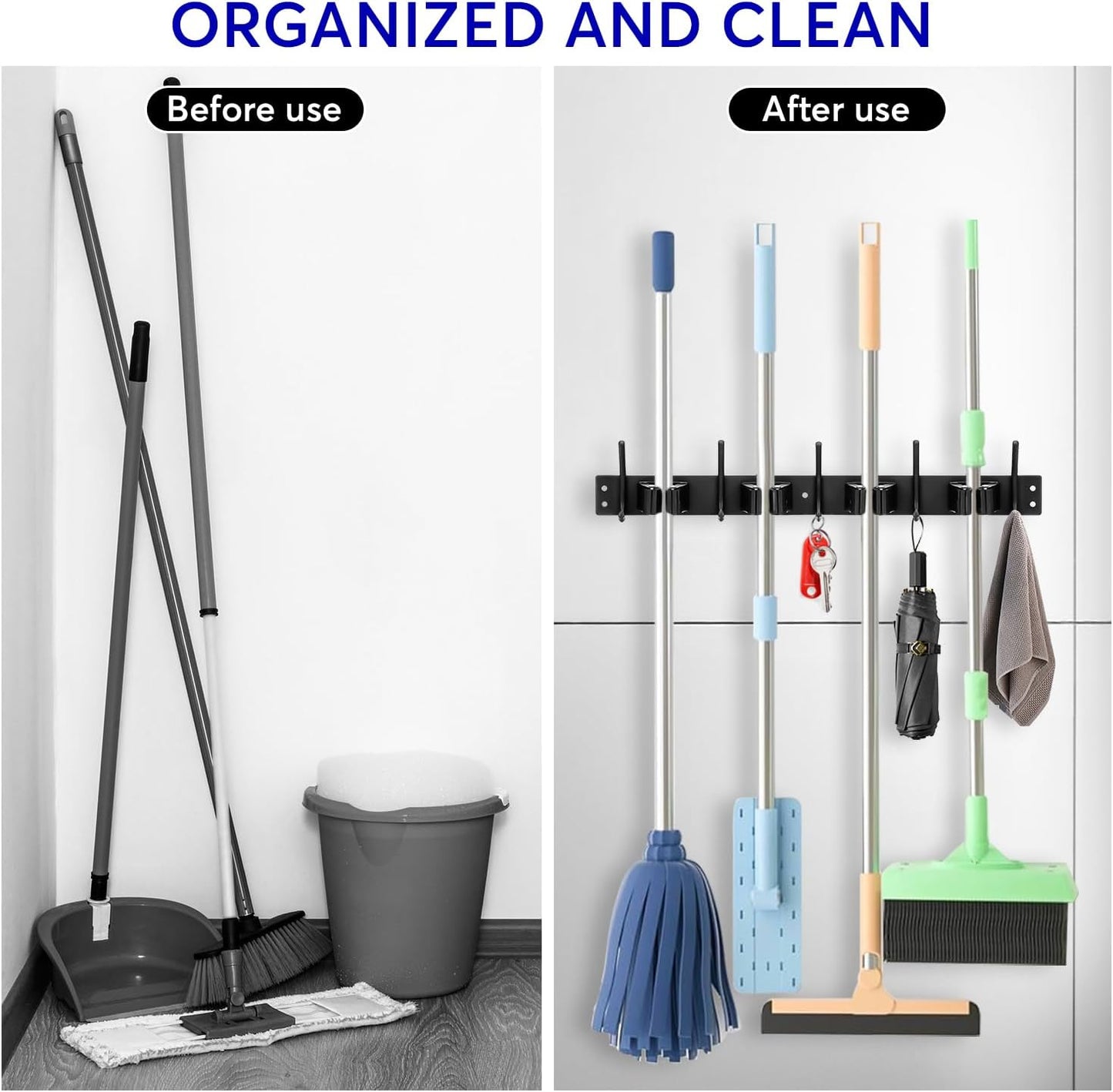 Broom Holder Wall Mount, 4 Racks and 5 Hooks Mop Holder Wall Mount, Stainless Steel Heavy Duty Garden Tool Broom Organizer Wall Mount, Laundry Room, Kitchen, Closet, Shed, Garage Organizer