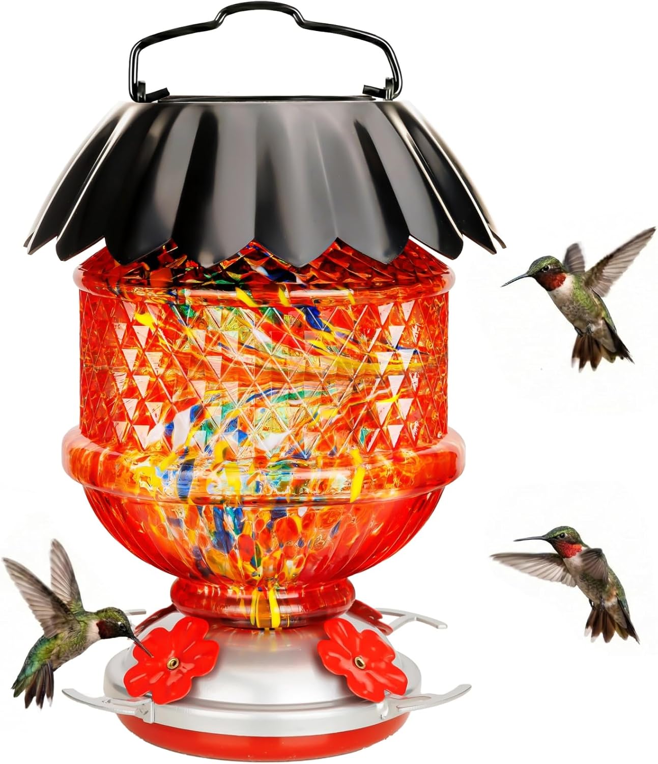 Solar Hummingbird Feeder with Perch 48 OZ Hand Blown Glass Hummingbird