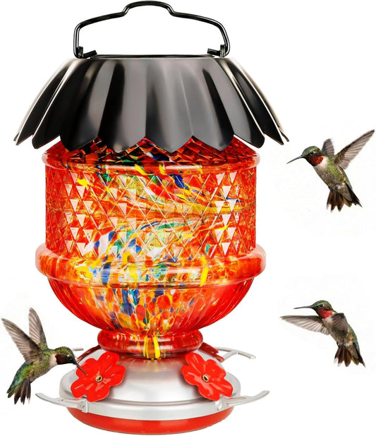 Solar Hummingbird Feeder with Perch 48 OZ Hand Blown Glass Hummingbird Feeder for Outdoors Hanging Include Accessories (Red)