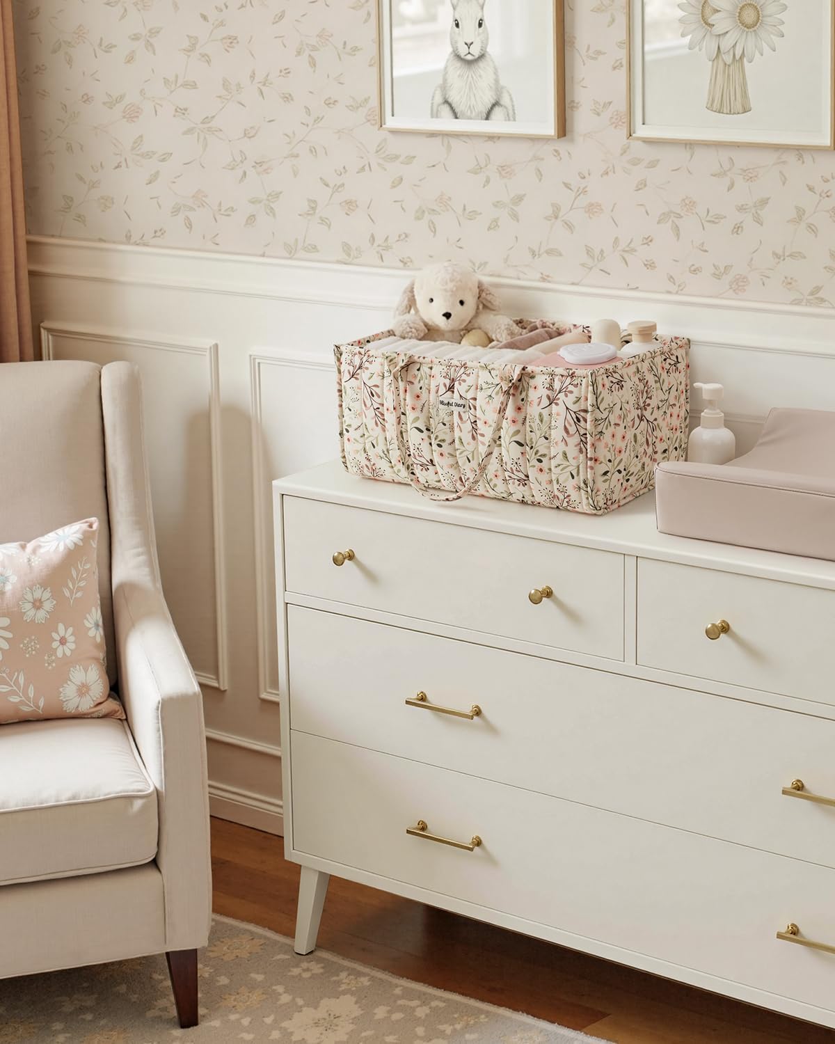 Blissful Diary Floral Diaper Caddy Organizer, Stylish Nursery Storage 
