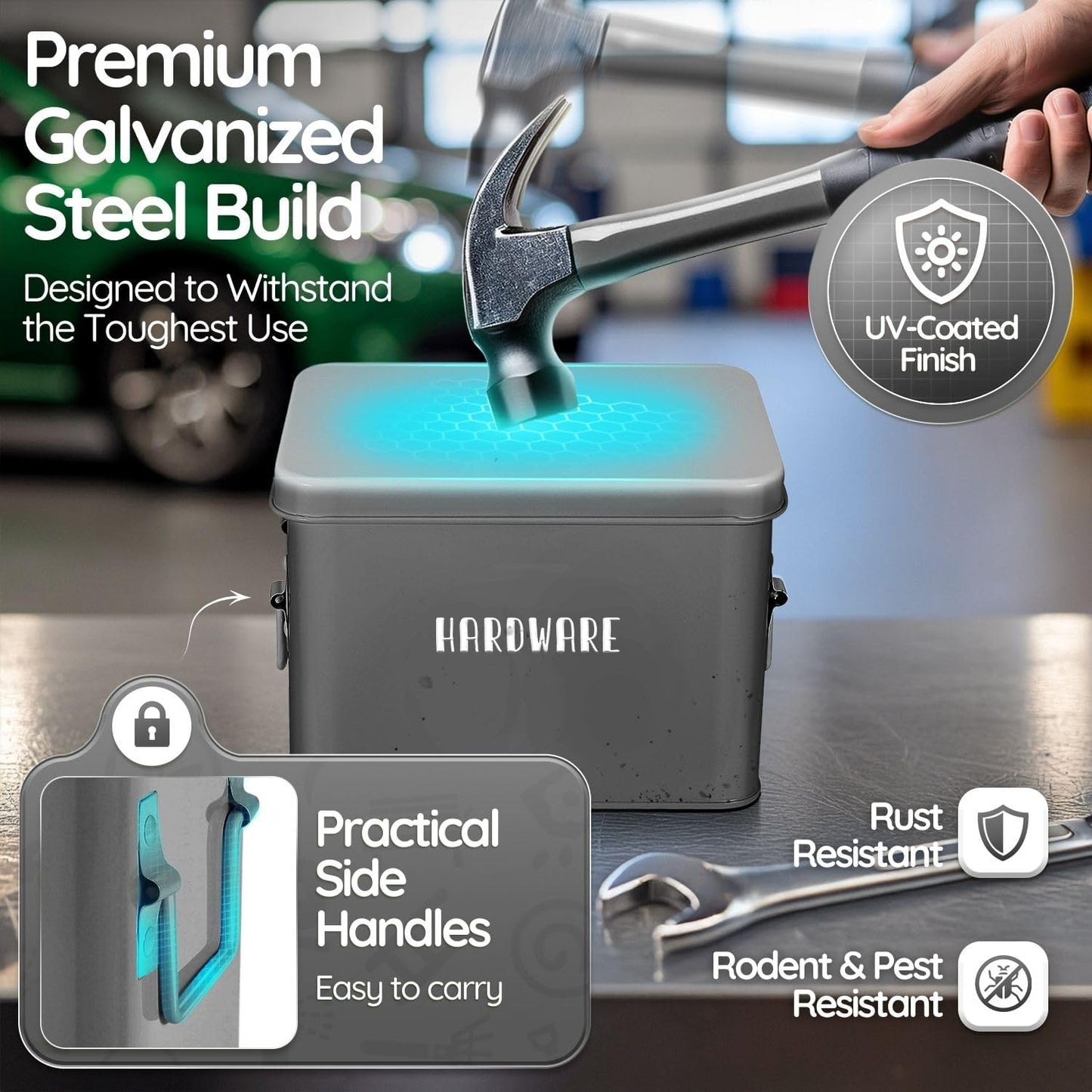 Flexzion Tin Storage Box with Removable Tray, 8 Inch Seed Organizer Box and Metal Seed Holder Organizer with Hinged Lid, Toolbox Container for Crafts, Hardware, Tools, Essentials, Gray