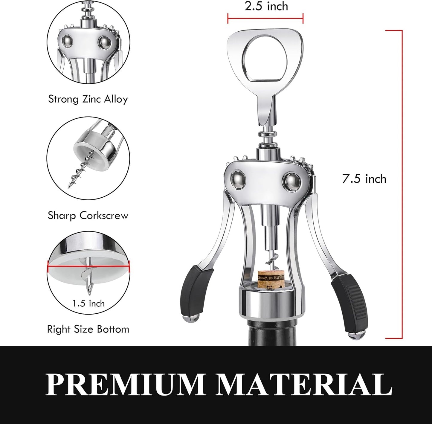 KORCCI Wine Opener, Heavy-Duty Zinc Alloy Wing Corkscrew, Premium Beer Bottle Opener, Multifunctional Wine Accessories with Ergonomic Handle and Sharp Screw, for Kitchen, Bar, Restaurant, Bartenders