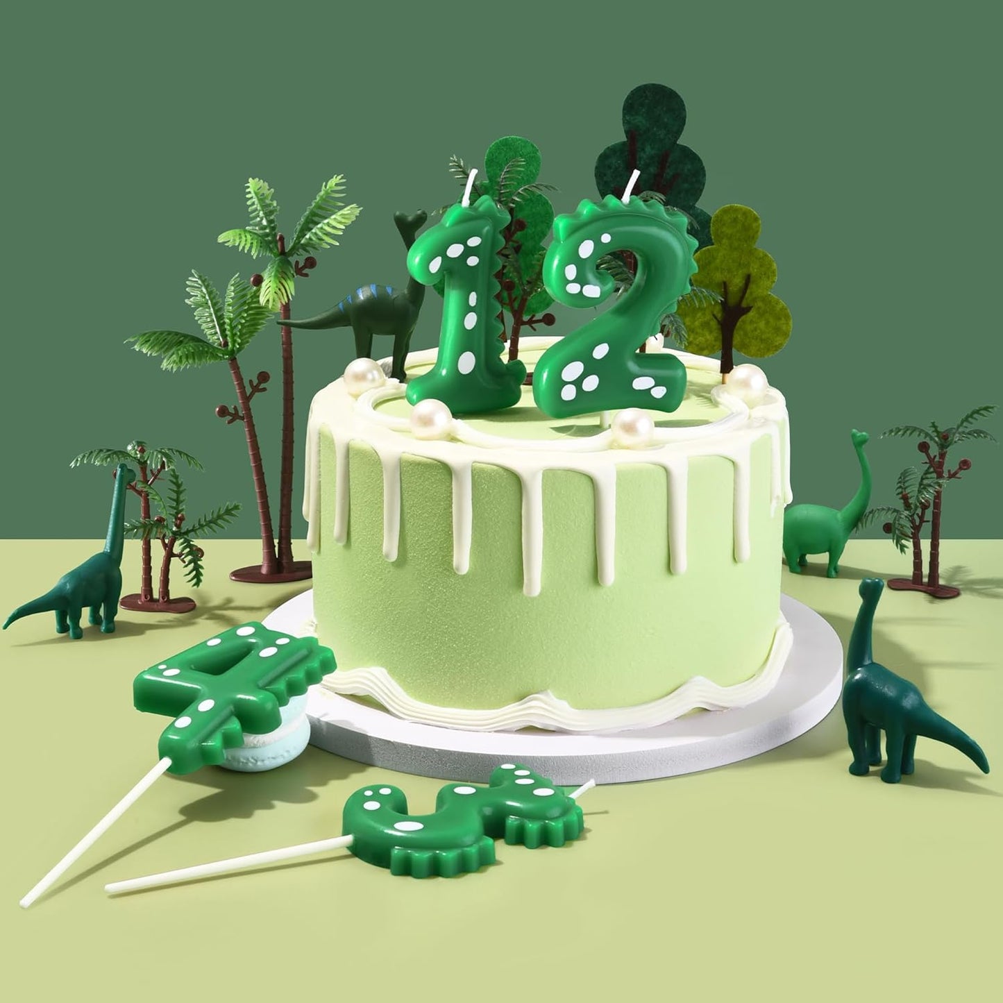 PHD CAKE 2.76 Inch Green Dinosaur 3 Number Birthday Candles, Dinosaur 