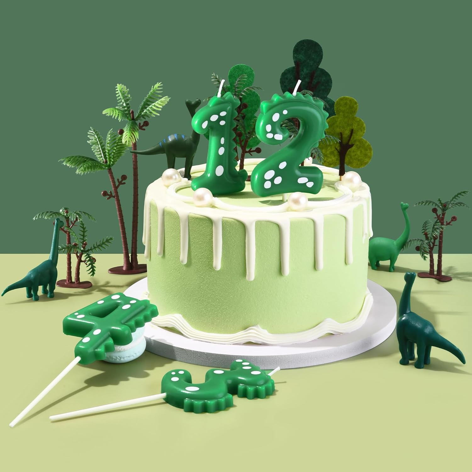 PHD CAKE 2.76 Inch Green Dinosaur 3 Number Birthday Candles, Dinosaur 