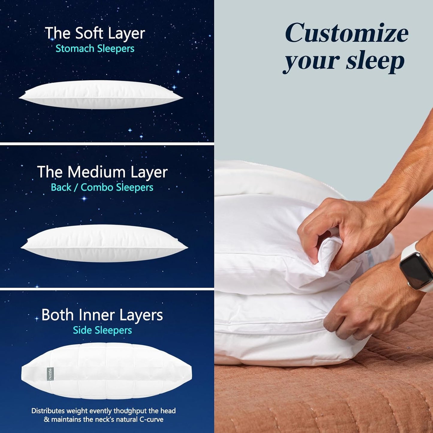 Nuzzle Cooling Adjustable Pillow for Side Sleepers, Luxury Standard Size Bed Pillow Hotel Collection - Best Adjust Height Soft Firm Pillow for Back, Stomach or Side Sleepers - Home Gifts