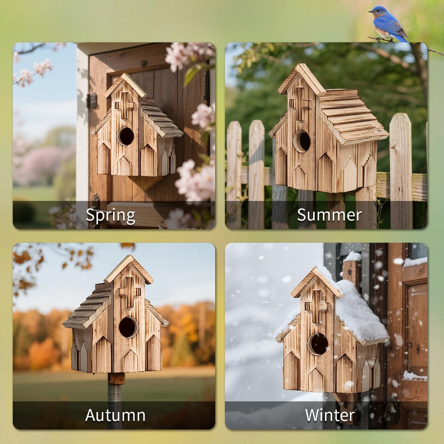 Church-Shaped Wooden Birdhouses, Cross Design Bird Houses for Outside, Hanging Birdhouse for Bluebird, Robin, Cardinal, Sparrow, and Finch, Bird Nesting Box for Outdoor Garden Decoration