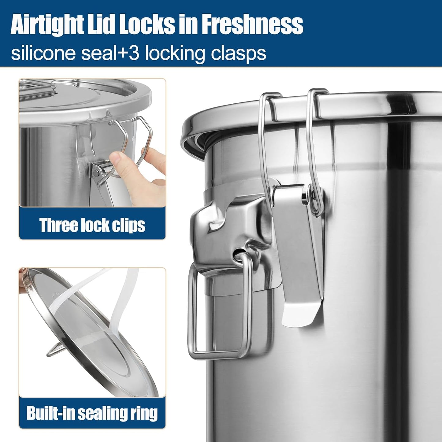20 Lbs Stainless Steel Dog Food Storage Containers with Airtight Lid and Locking Clamp, Large Metal Dog Food Bin, Pet Food Storage Container for Dogs, Cats & Birds, Keep Fresh