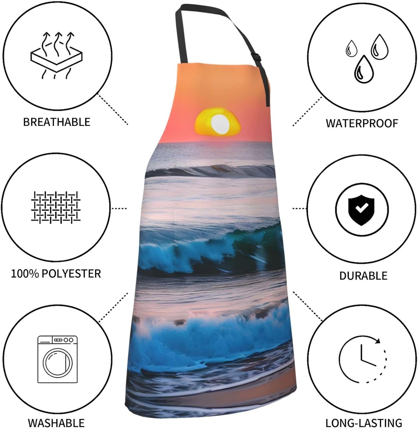 Sunset and Sunrise with Ocean Sea Waves Print 28x33 In Adult Kitchen Apron with Pockets Versatile Chef Smock for Cooking Baking