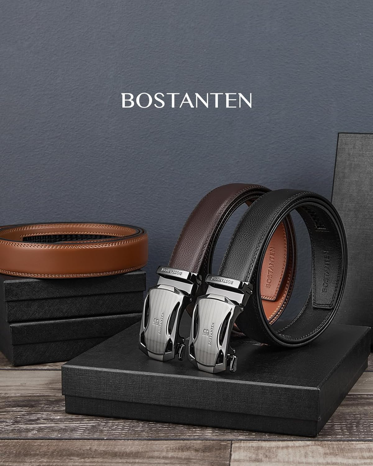 BOSTANTEN Ratchet Leather Belt For Men 2 Pack Dress and Casual with Ad