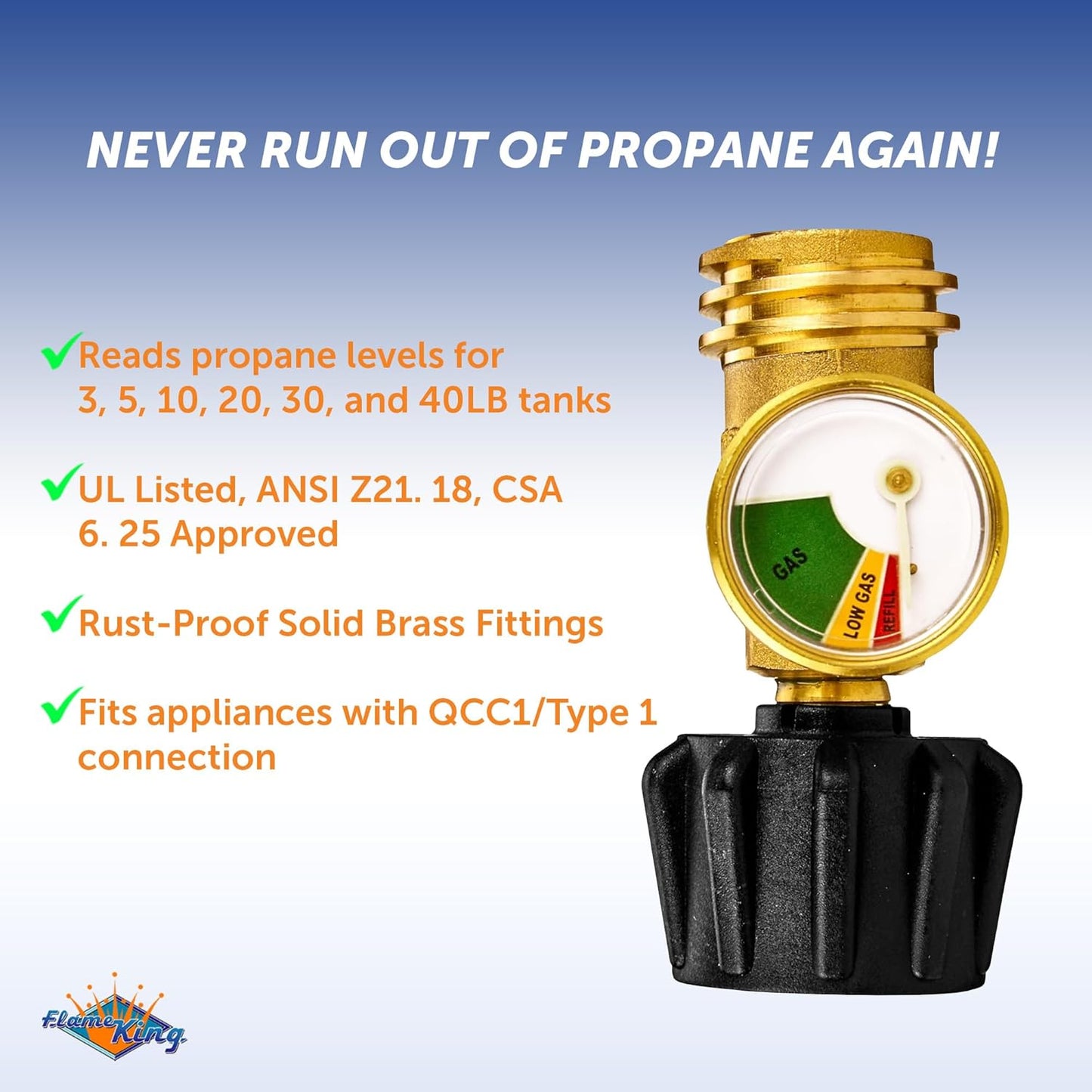 Flame King Propane Tank Gauge Level Indicator Leak Detector Gas Pressure Meter Color Coded & Glow in The Dark Universal for Cylinder, BBQ Gas Grill, RV Camper, Heater Propane Gas Tank Level Indicator