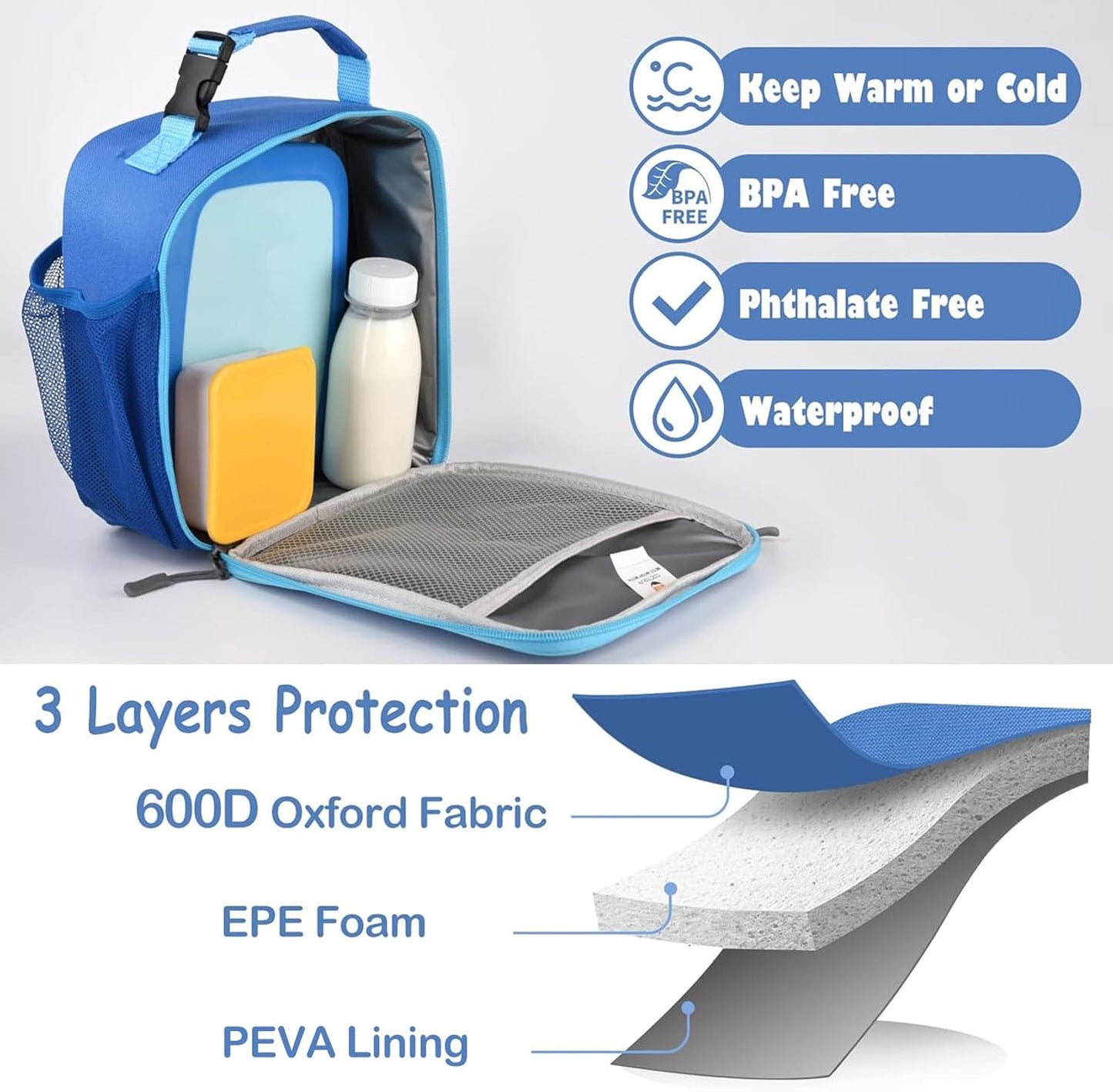Lunch Box Kids,Premium Insulated Lunchbox for Girls Boys,Soft Mini Cooler Bag Back to School Thermal Reusable Lunch Bag for Work School Picnic (Blue)